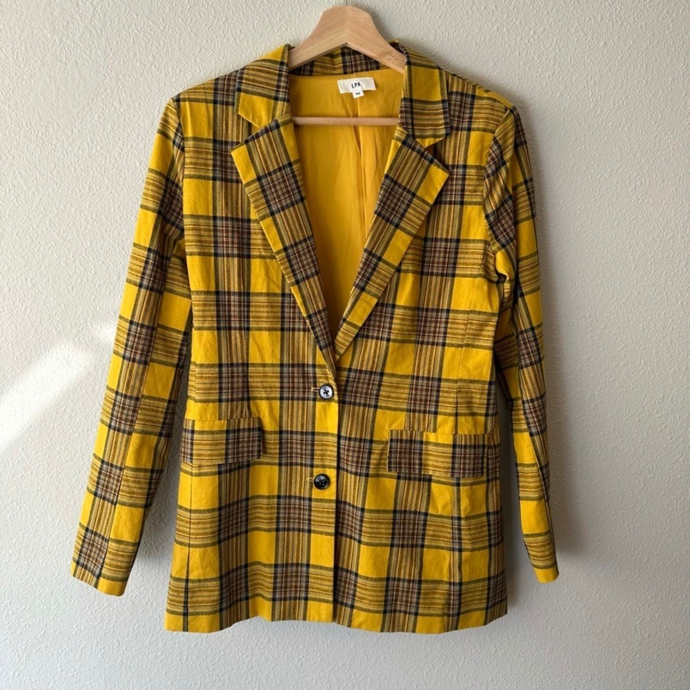 LPA Yellow Plaid Blazer Jacket Women XS Clueless Tartan Check Rayon Two Button‎